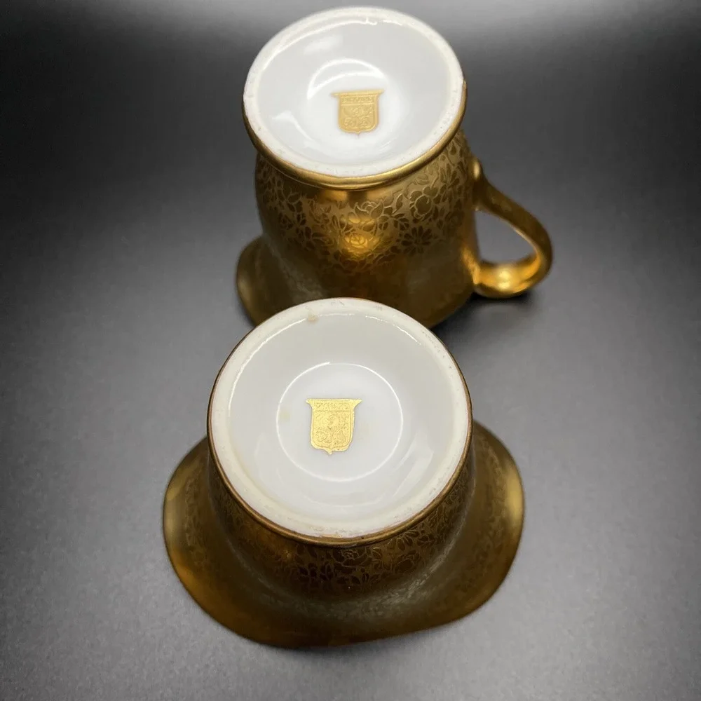 Vintage Pickard Daisy Rose Creamer Open Sugar Bowl Set‎ All Over Gold Encrusted